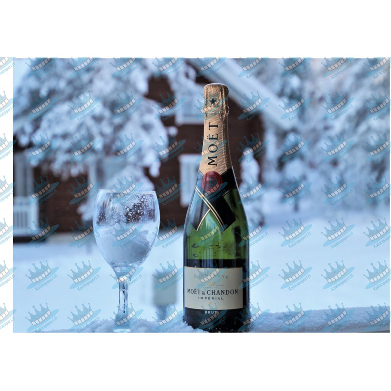 Champagne and glass in snow - edible cake topper