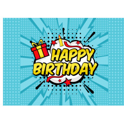 Blå pop art Happy birthday - En ätbar tårtbild för en kaka