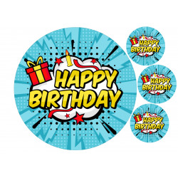 Blue pop art Happy birthday - Edible cake topper