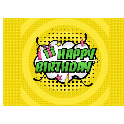 Gul pop art Happy birthday - En ätbar tårtbild för en kaka