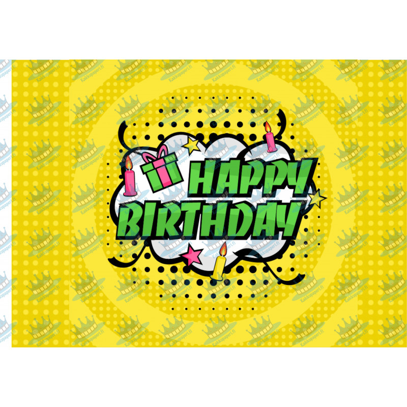 Gul pop art Happy birthday - En ätbar tårtbild för en kaka