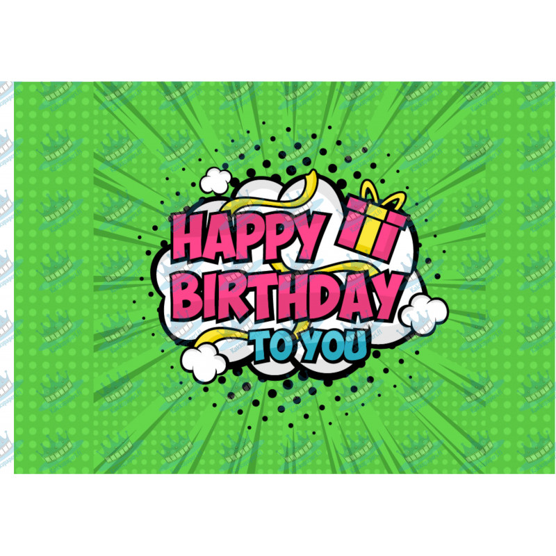 Grön pop art Happy birthday - En ätbar tårtbild för en kaka