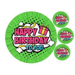 Grön pop art Happy birthday - En ätbar tårtbild för en kaka
