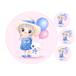 A girl with a kitten and balloons - Edible cake topper