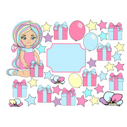 Multicolor haired girl with gift boxes - Edible cutouts
