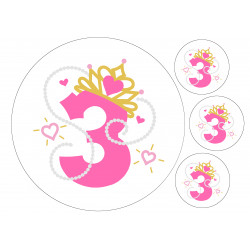 Pinkki helmi prinsessanumero kolme - pyöreä syötävä kakkukuva