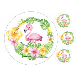 Flamingo ja eksoottiset kukat kakkukuva pyöreä